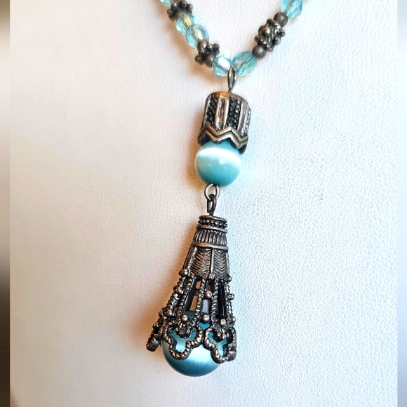 Vintage Aquamarine & Dragon Vein Agate Handcrafted Design Pendant Necklace. - Picture 4 of 7